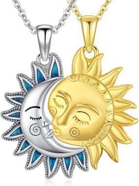 Silver Yellow-Set Couple Necklace for Him and Her - 925 Sterling Silver Sun Moon